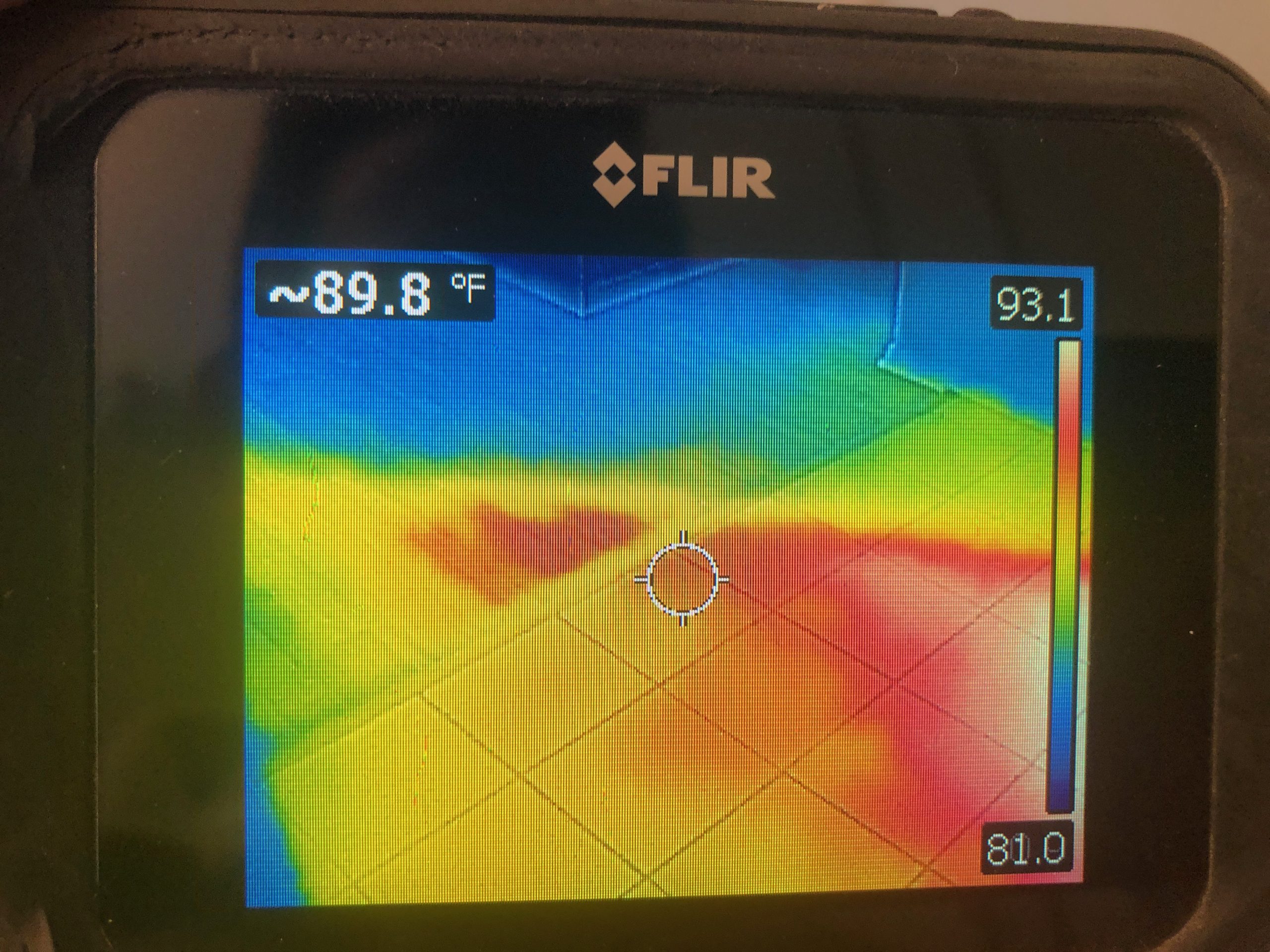 Thermal image showing heat signature of a slab leak beneath tiled flooring during a home inspection in Carlsbad, California.